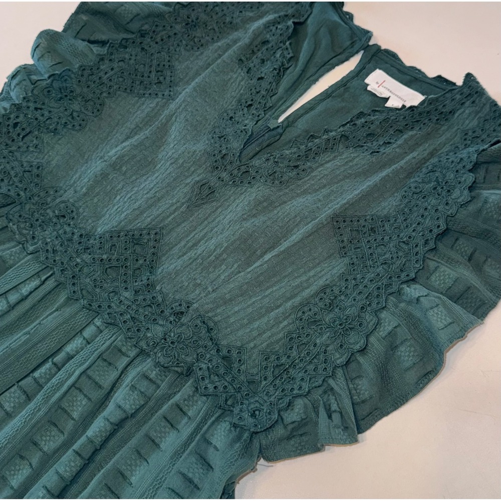 Anthropologie Green Lace Eyelet Ruffle Wide Leg Jumpsuit XS Boho Tiered Cottae